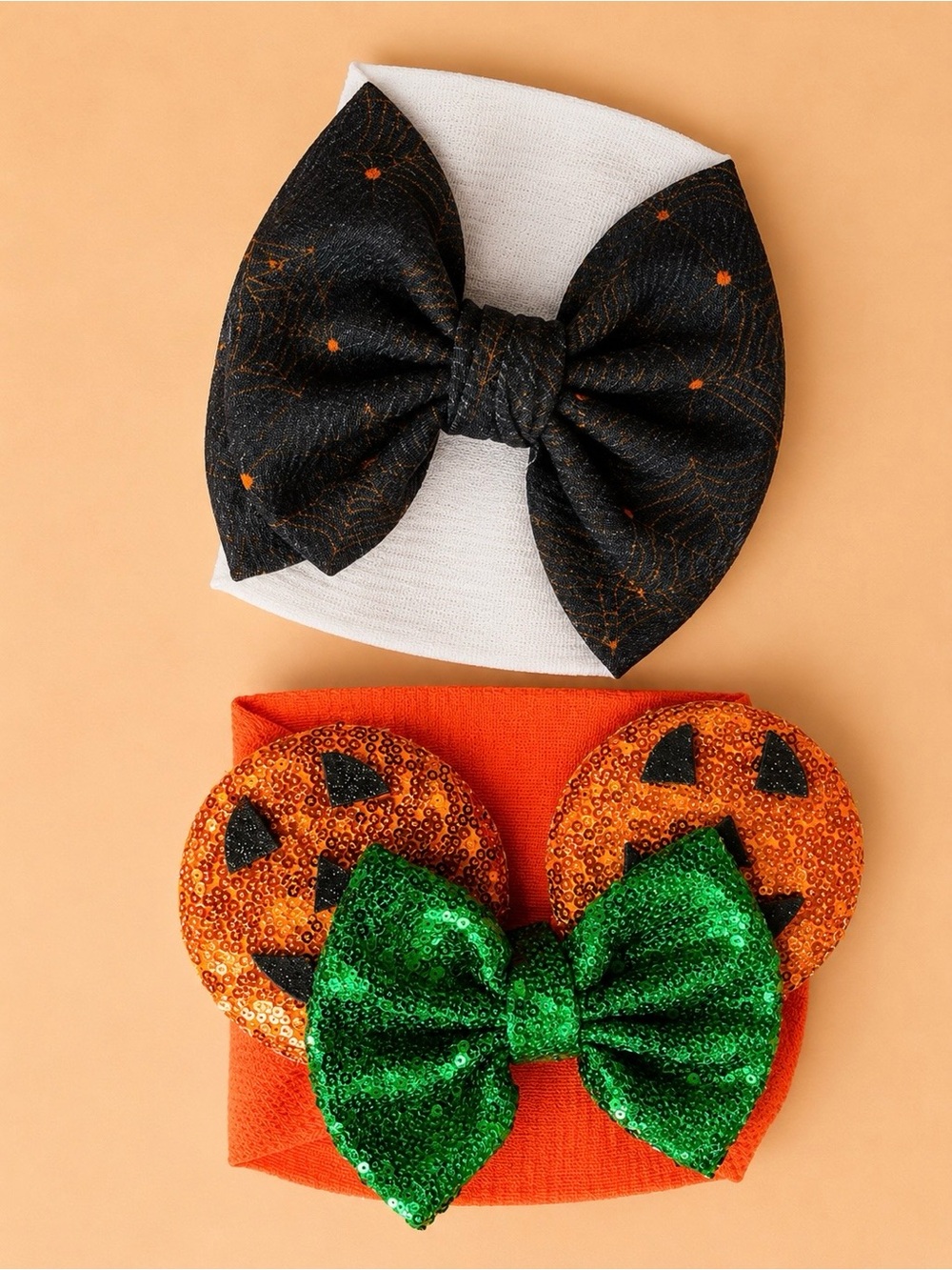 Baby Jack-O'-Lantern with Green Bow PLUS Black & Orange Spiderweb Bow Headband